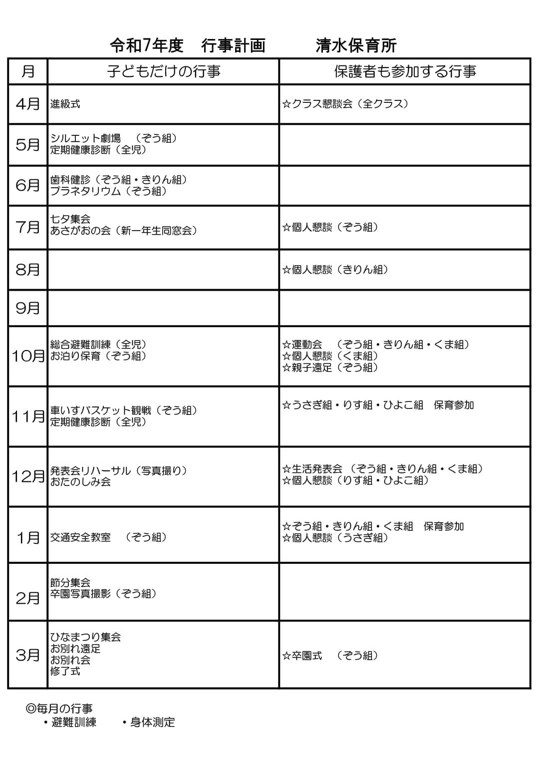 令和7年度　行事計画